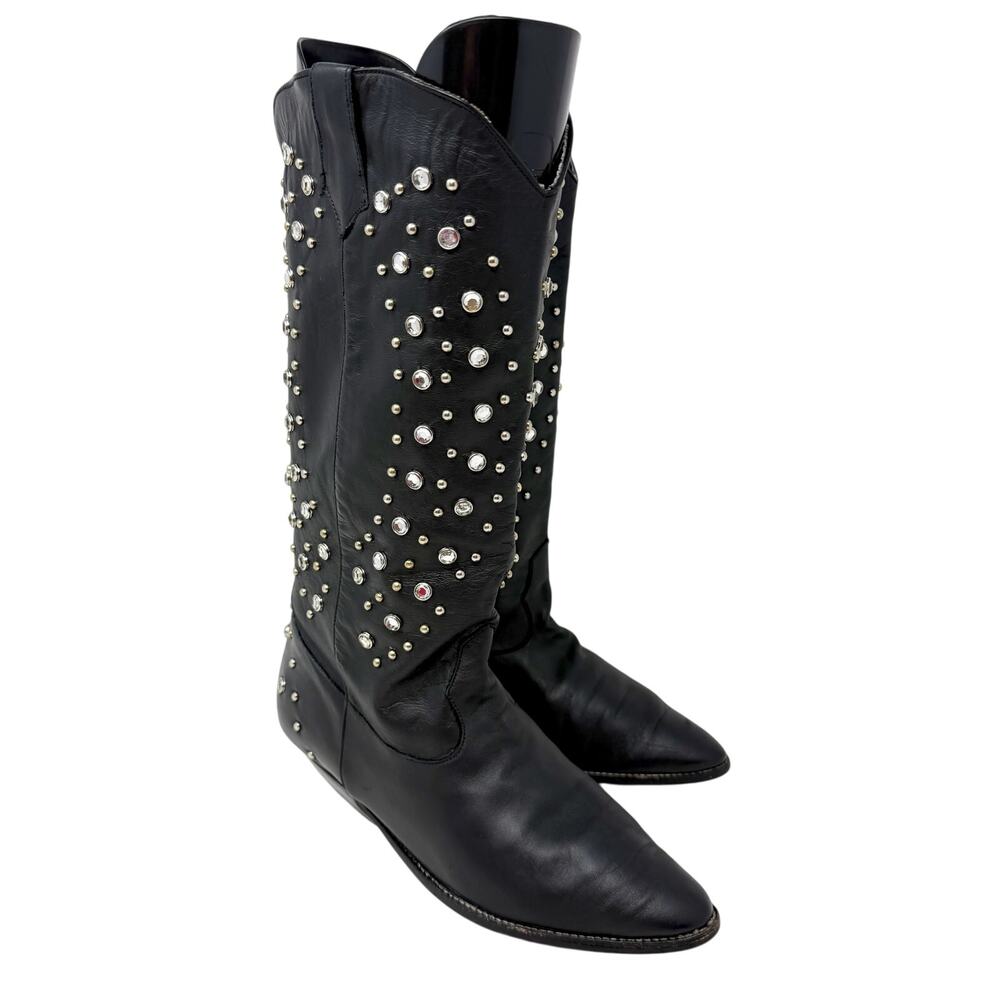 Vintage Black Leather Rhinestone Embellished Western Boots Size 7.5 Pointy Toe